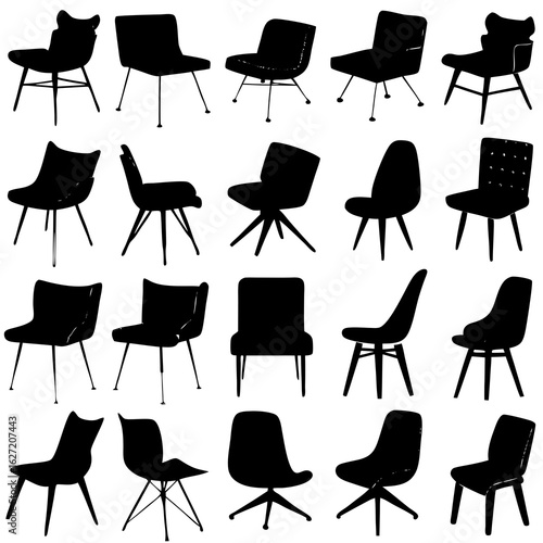 Collection of diverse black chair silhouettes in various modern and retro styles