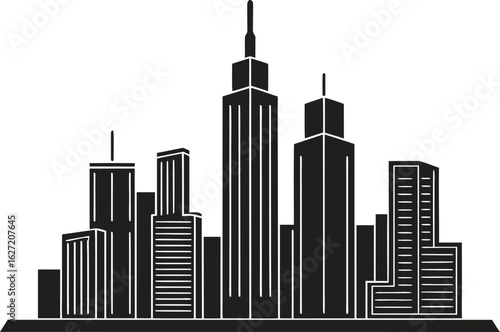Black and white silhouette of a city skyline with tall buildings architecture