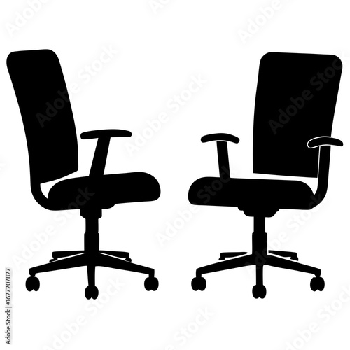 Two black office chairs with wheels and armrests shown in silhouette against a white background