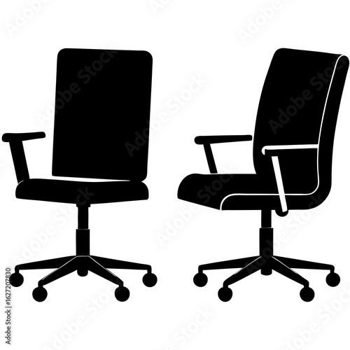 Two black silhouette office chairs with wheels and armrests shown from different angles on a white background