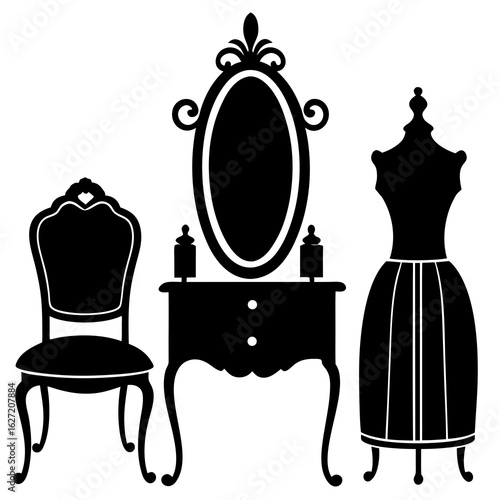 Elegant silhouette of a vintage vanity with mirror chair and dress form