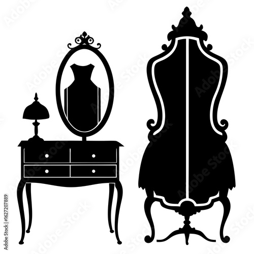 Elegant black silhouette of a vanity table with a mirror and a dress next to a vintage wardrobe