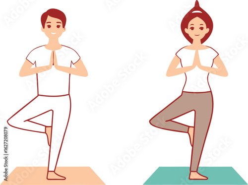 Man and woman performing tree pose yoga on mats vrikshasana