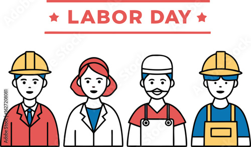 Labor Day celebration with diverse workers wearing hard hats and uniforms holiday people