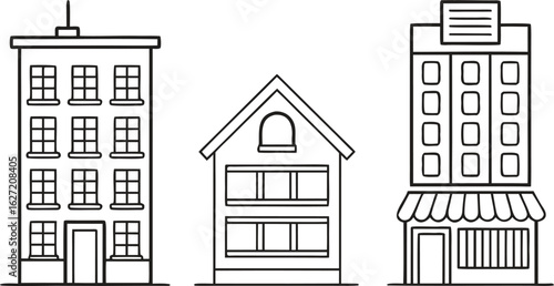 Three simple black line drawings of buildings on a white background house architecture