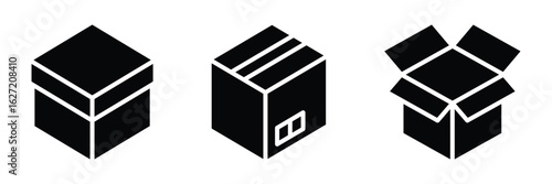 Set of courier, parcel, gift box icon. Product packaging box icon. Black solid box icon. Open and closed box symbol for shipping and delivery use. Open cardboard box icon