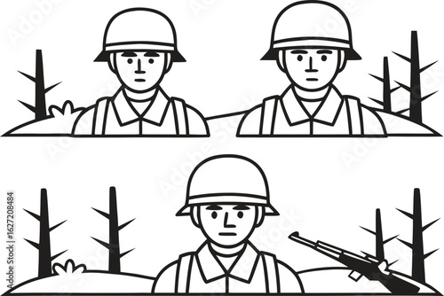 Three soldiers in uniform with helmets and rifles in a forest setting military army