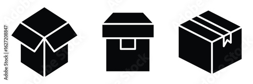 Cardboard box icon set. Carton container unpacking process vector illustration. Simple design of open and closed box icon. Black box icon set vector illustration