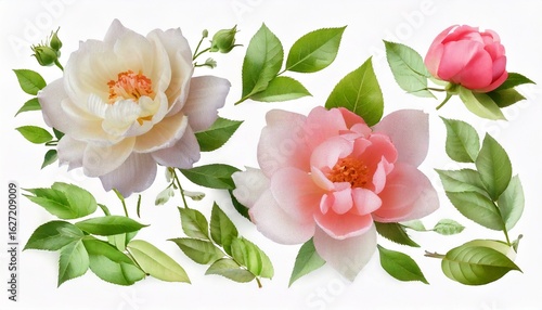 Set of floral elements. Flower and green leaves. Wedding concept - flowers. Floral poster,