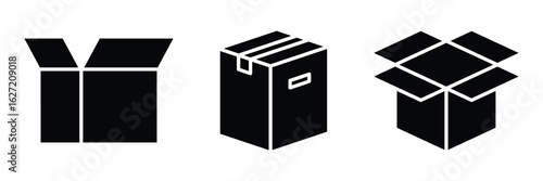 Cardboard box icon set. Carton container unpacking process vector illustration. Simple design of open and closed box icon. Black box icon set vector illustration