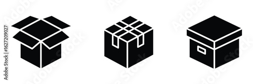 Cardboard box icon set. Carton container unpacking process vector illustration. Simple design of open and closed box icon. Black box icon set vector illustration