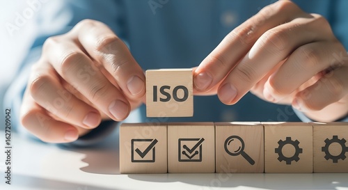 ISO Standards and Quality Management Shown with Wooden Blocks and Hand