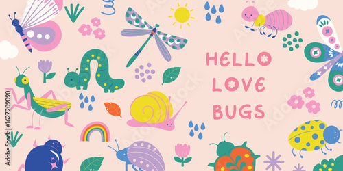 Colorful Cartoon Bugs with Typography for Kids. Ideal for children’s banners, nursery wall art, baby shower decorations, educational materials, and kid-friendly digital or print designs.
