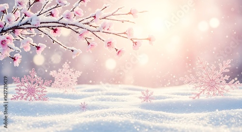 Delicate pink cherry blossoms adorned with snow under soft winter sunlight