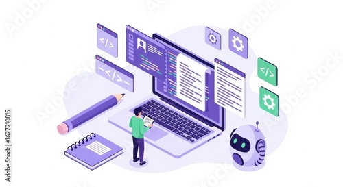 Isometric illustration showcasing software development workflow with human interaction and