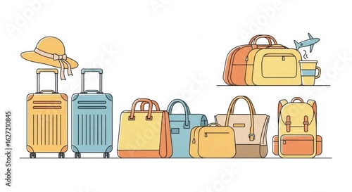 Line art illustration showcasing an array of luggage pieces and travel essentials ready for vacation