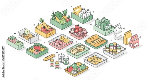 Isometric stylized illustration showcasing diverse grocery items in containers a vibrant display