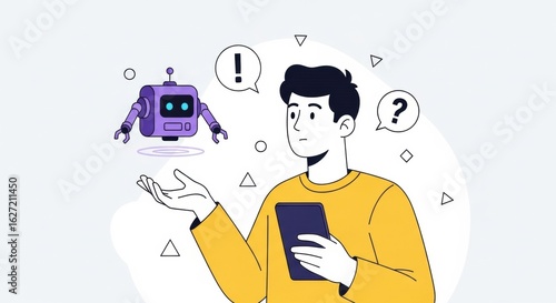 Man contemplates a levitating robot with digital device in hand surrounded by symbols