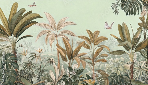Tropical Wall Mural, Wallpaper Illustration, Mughal Garden Illustration for printing.