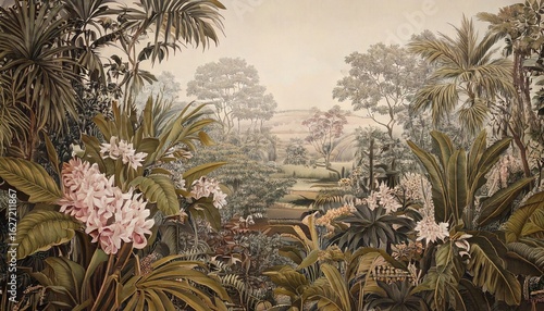  Tropical Wall Mural, Wallpaper Illustration, Mughal Garden Illustration for printing. 