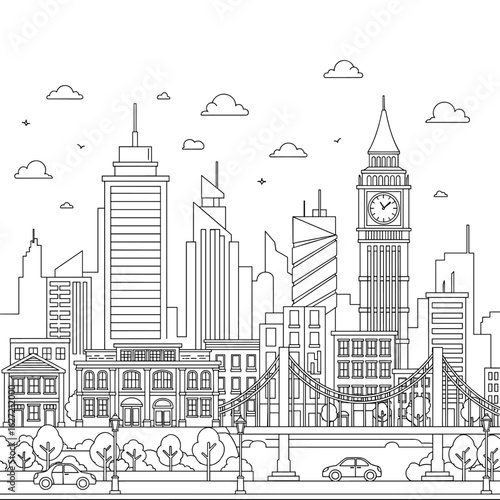 London cityscape coloring page big ben skyline drawing vector outline