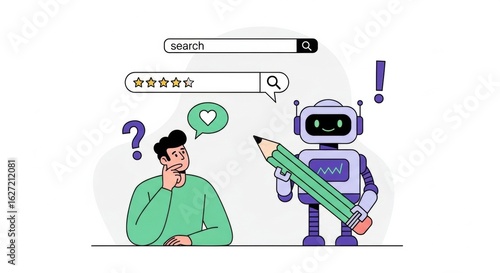 Human seeking assistance from a robot for writing reviews, considering online search results and