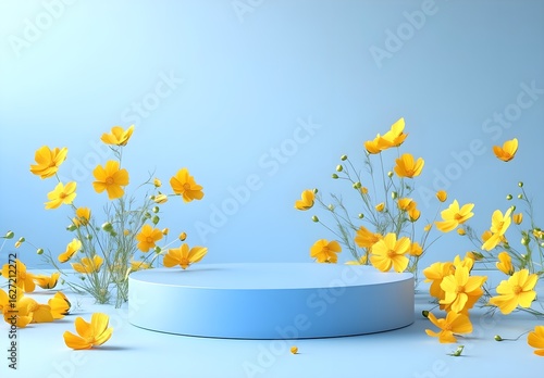Yellow Cosmos Flowers Surrounding Light Blue Podium
