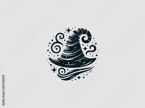 Mystical black wizard hat vector illustration with a whimsical curly top and magical star details