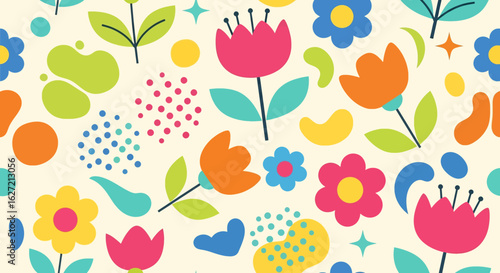 Wallpaper Mural seamless pattern with a playful and cheerful design of colorful flowers and abstract shapes in colorful shades on a white background. Perfect for textile and kids paper products Torontodigital.ca