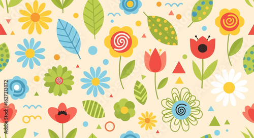 Wallpaper Mural seamless pattern with a playful and cheerful design of colorful flowers and abstract shapes in colorful shades on a white background. Perfect for textile and kids paper products Torontodigital.ca