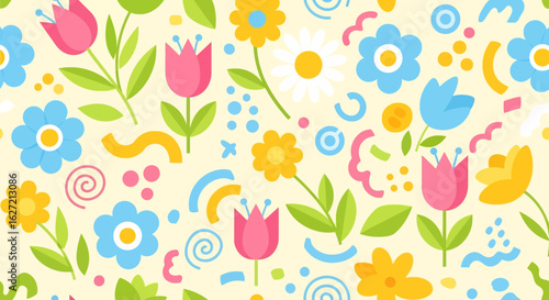 Wallpaper Mural seamless pattern with a playful and cheerful design of colorful flowers and abstract shapes in colorful shades on a white background. Perfect for textile and kids paper products Torontodigital.ca