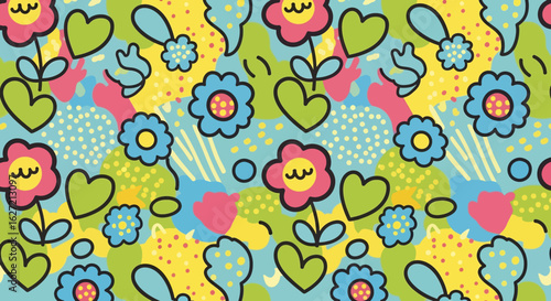 seamless pattern with a playful and cheerful design of colorful flowers and abstract shapes in colorful shades on a white background. Perfect for textile and kids paper products