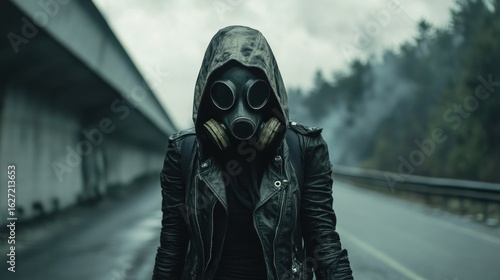 Person in gas mask on road under bridge