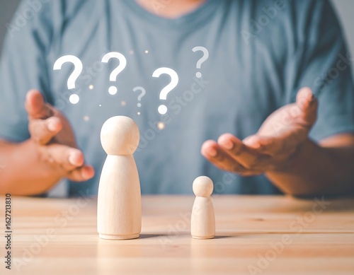 Wooden figures with question marks, representing a generational issue
