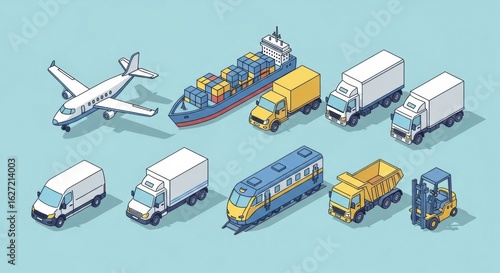 Isometric rendition showcases assorted global transportation methods for freight distribution