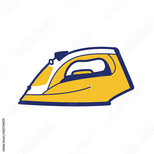 Simple flat illustration of steam iron, yellow color, navy bold outline, isolated on white