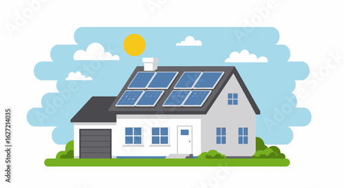 Flat illustration of a clean, house with blue solar panels on the roof, sun shining from above, with simple shadows and clouds in the sky