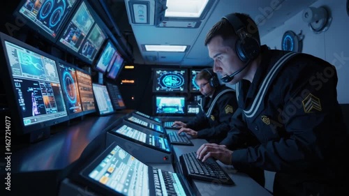 In a high-tech submarine command center, a navy crew monitors glowing tactical screens. Cool lighting and tense focus create a cinematic military atmosphere.

