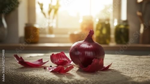 Red onion on linen cloth in rustic kitchen light