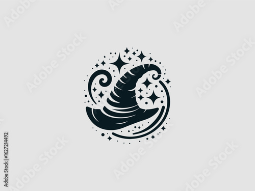 Stylized black witch hat vector illustration featuring a magical sparkling design for fantasy themes
