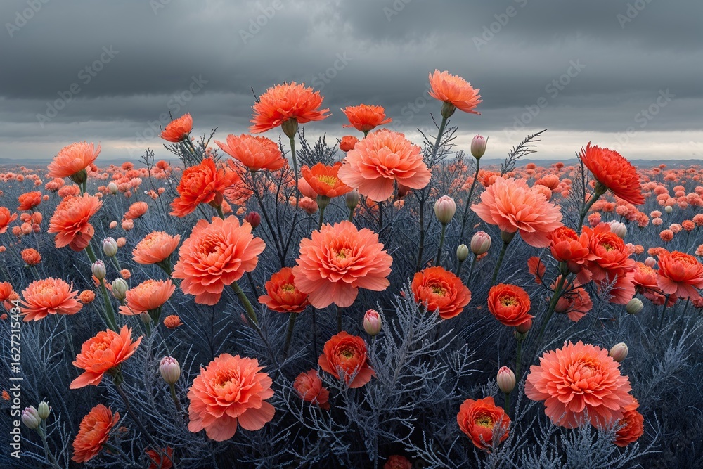 Obraz premium Coral Blooms on Dramatic Gray Horizon - Spring Flower Arrangement and Botanical Inspiration