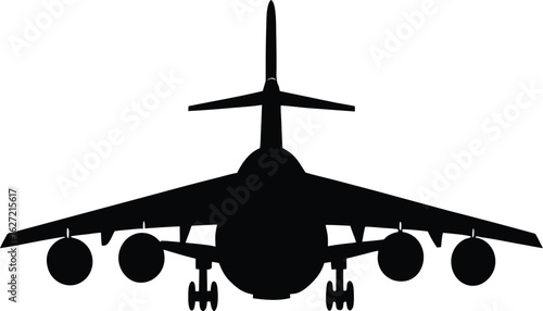 Silhouette of a large cargo aircraft with four engines isolated on transparent background
