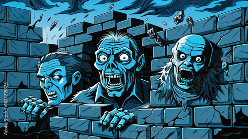 A dynamic and spooky illustration of three zombies with ghoulish faces, breaking through a brick wall with an intense, blue and black color palette.