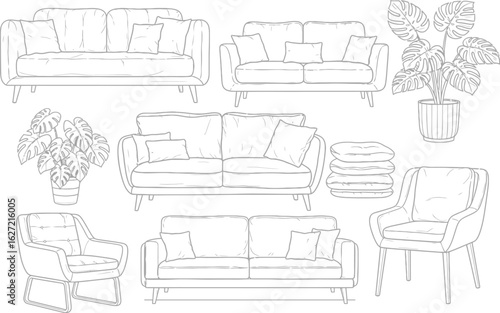Interior design sketch of a living room arrangement with multiple sofas armchairs and potted plants in a clean line art style