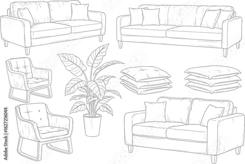 Collection of hand drawn sketches of comfortable upholstered furniture including sofas armchairs and stacked cushions for interior design
