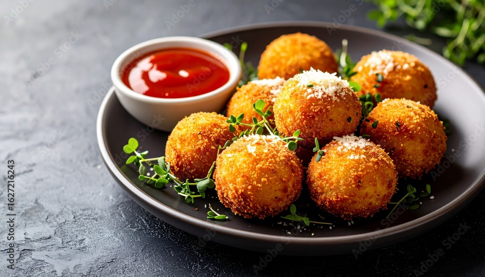 Crispy Arancini Appetizer, With Parmesan Cheese And Microgreens, Plate, Tomato Sauce. Crispy Arancini Appetizer, With Parmesan Cheese And Microgreens, Plate, Tomato Sauce.