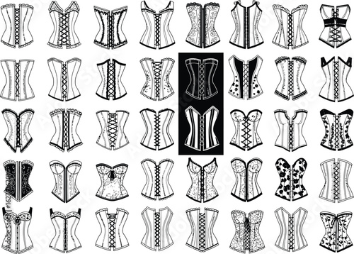 Collection of intricately detailed vintage and modern corsets showcasing diverse lacing and boning styles