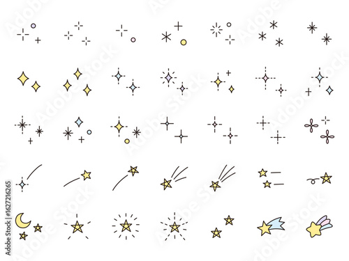 かわいいアイコンセットのベクターイラスト。星、キラキラ、輝き、流れ星、飾り