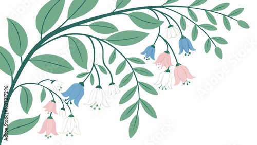 Delicate illustration of a blooming branch with pastel colored bell shaped flowers and green leaves