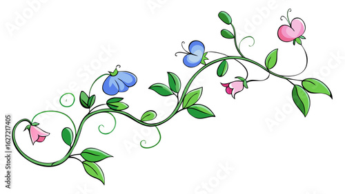 Delicate pink and blue sweet pea flowers with green leaves and curling vines on a white background